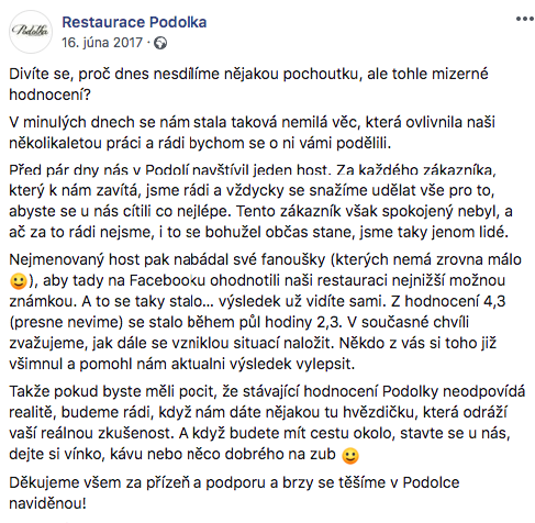 Restaurace Podolka Praha - reputační management na FB